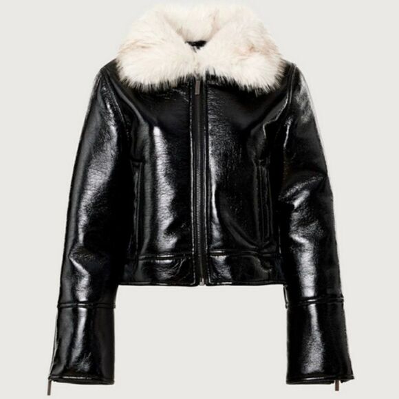 UNREAL FUR Vegan Leather Aviator Bomber Jacket Faux Fur Collar Full Zip Coat XL - Picture 2 of 15
